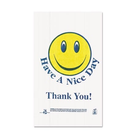 Brown Paper Goods BarnesPape, SMILEY FACE SHOPPING BAGS, 12.5 MICRONS, 11.5in X 21in, WHITE, 900/CARTON, PK900 T16SMILEY